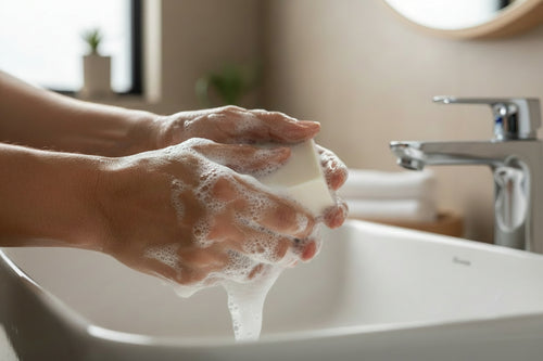 Hands lathering an ivory Aged Soap Bar with white soap bubbles over a bathroom sink.