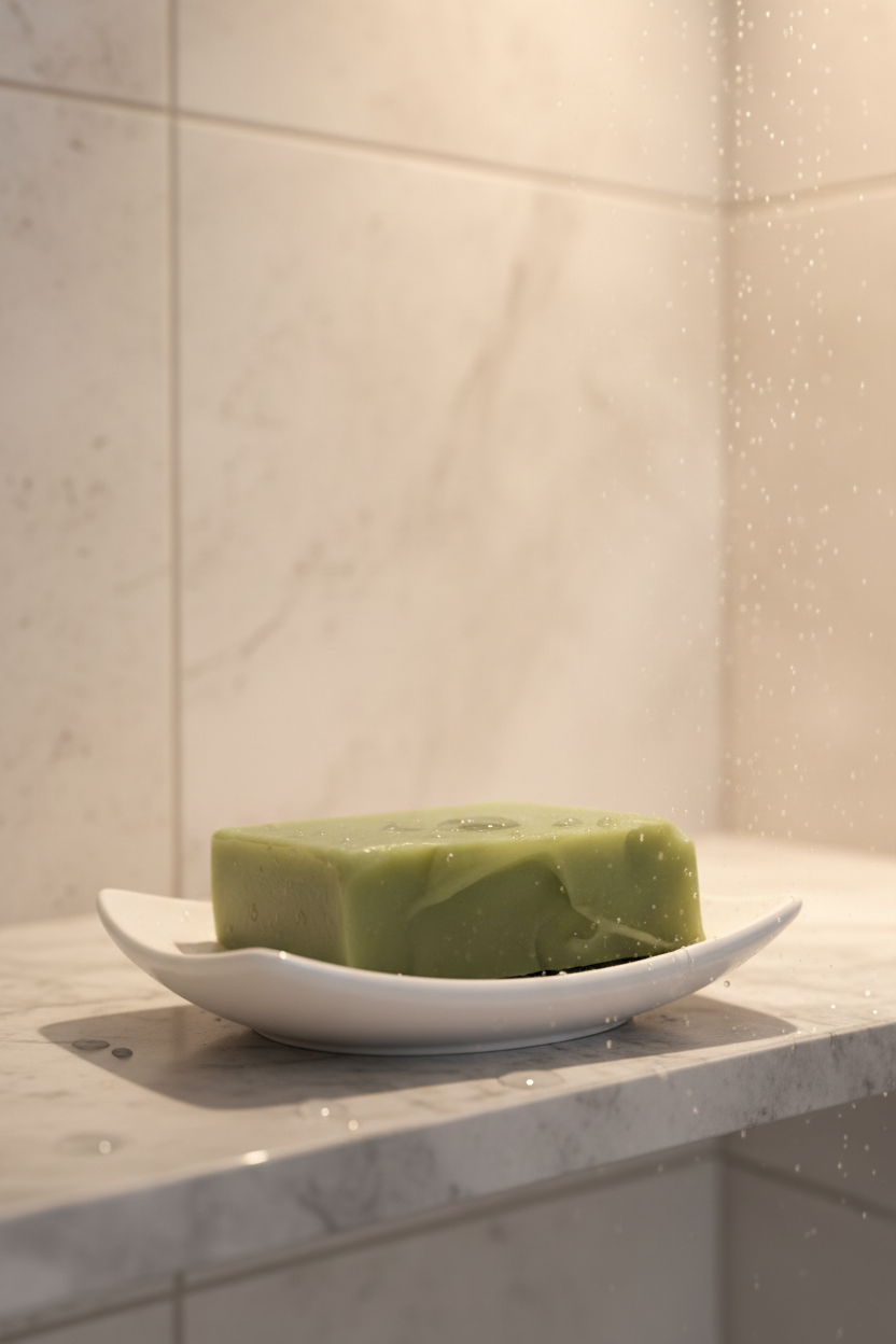 Green Gava Soap Bar in a curved white soap dish on a wet tiled shower ledge