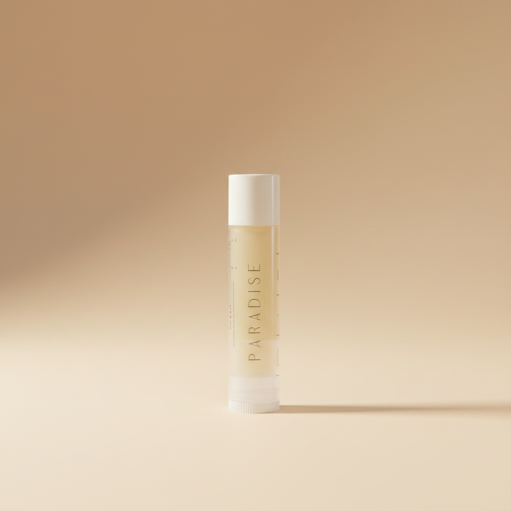 Paradise Lip Balm tube with a white cap standing upright on a sunlit beige surface.