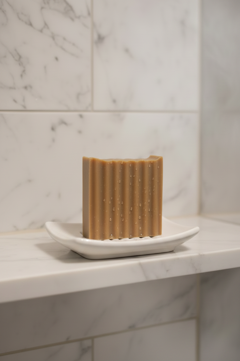 Brown, ridged Peppermint Bliss Soap Bar standing in a white soap dish on a tiled shower ledge.