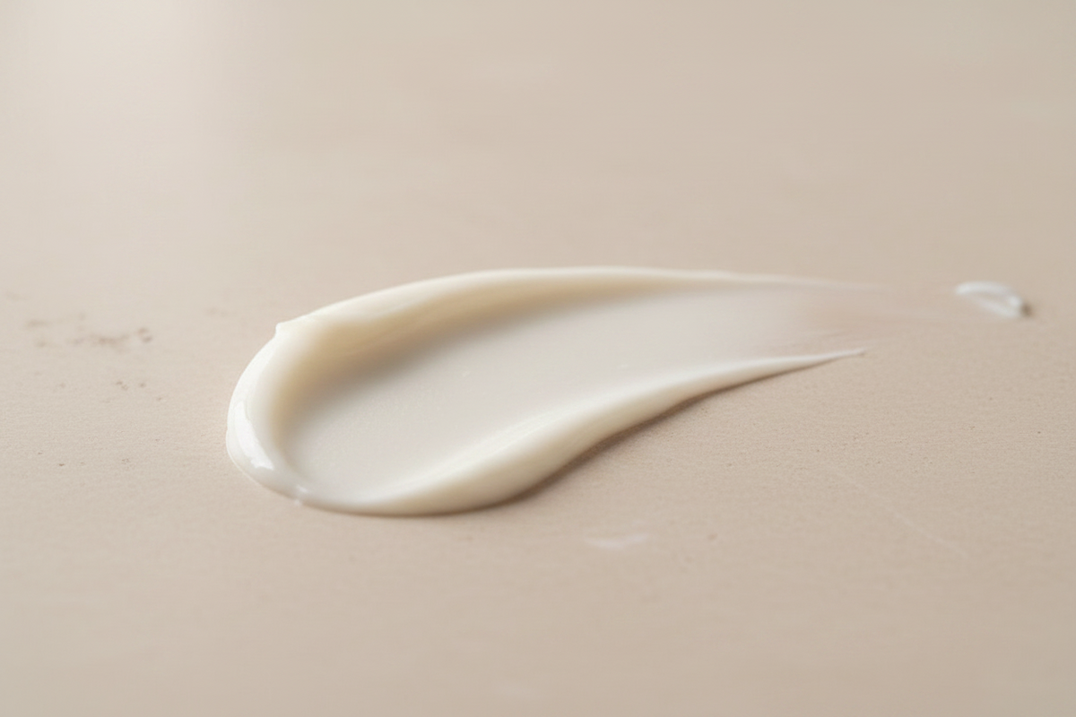 Close-up of an ivory smear of Velvet Body Butter showing its smooth, creamy texture on a beige background.
